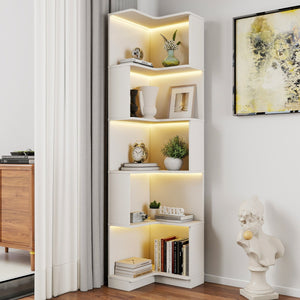 English Elm Corner 5-Tier Book Shelf with LED Accent Lighting, Space-Saving L-Shaped Corner Bookcase for Home White W331P293302