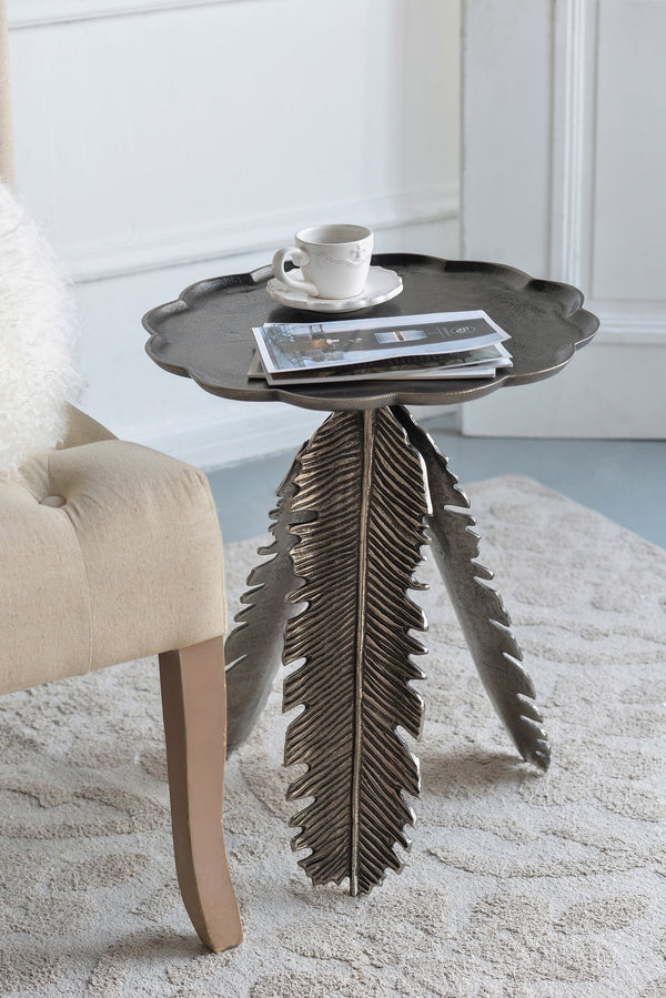English Elm 16.9x16.9x19.7 Elegant Leaf Side Table with Silver Antique Aluminum Finish, Round Top Accent Piece W2078P180409
