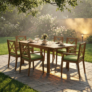 English Elm 7 Piece Acacia Hardwood Outdoor Dining Set Teak Finish Six Armchairs Extendable Table N762S000042AAF