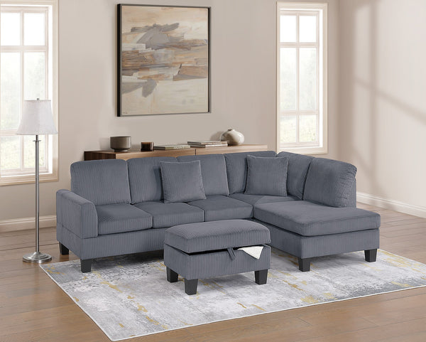 English Elm 3pc Corduroy Sectional Sofa Set with RAF Chaise, Storage Ottoman & Accent Pillows for Cozy Living Dark Gray 20 L x 13 W x 30 H B011S01763