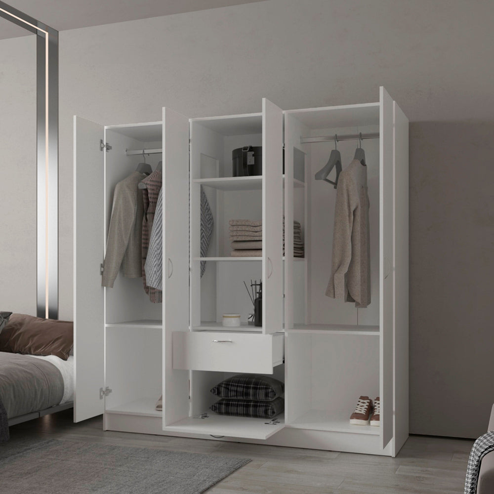English Elm White 6-Door Wardrobe with Shelf and Drawer — Spacious White Storage Armoire with Drawers, Timeless Design B062S00628
