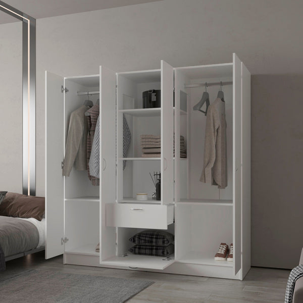 English Elm White 6-Door Wardrobe with Shelf and Drawer — Spacious White Storage Armoire with Drawers, Timeless Design B062S00628
