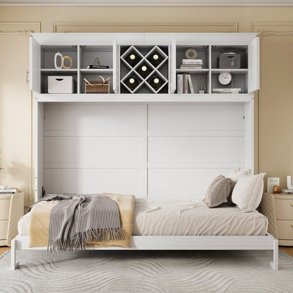 English Elm Queen Murphy Wall Bed with Storage Cabinets and Wine Rack for Small Space Living White LP000879AAK-1