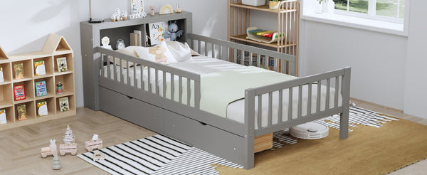 English Elm Twin Size Bed With Headboard Storage, Two Drawers & Safety Guardrails - Stylish Gray Design! N733P272374E-GIGA