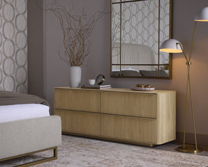 Sunpan Kalla Dresser - Elegant Oak Design with Gold Steel Base, Soft Closing Drawers, and Unique Texture Rustic Oak