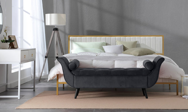 English Elm Vintage Velvet Tufted Storage Bench Mid Century Button Seat Entryway Bedroom Footstool Black+ Gray W2795P428652