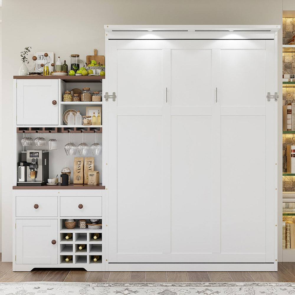 English Elm Queen Murphy Bed with Wine Rack Glass Holder Led Lighting and Cabinet White White LP000391AAK