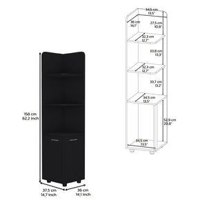 English Elm Corner Corner Cabinet 62H" Tall 3-Tier Open Shelf & 2-Door Black, Space-Saving Durable Storage B097P221673