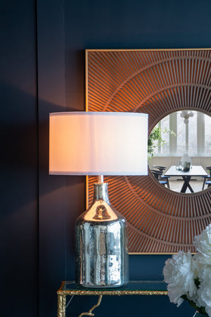 English Elm D18x32.2" Silver Round Table Lamp with White Fabric Shade — Glass Drum Lamp, Soft Warm Glow, 32.2" H W2078P395819