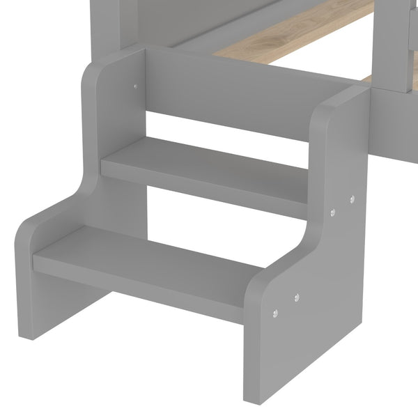 English Elm Full Bunk Bed with Trundle Bookshelf Storage Pine Frame Car Design for Kids Gray W1580S00294