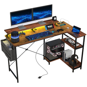 English Elm Homcom Rustic Brown L Shaped Corner Desk with Led Strip Power Outlet Monitor Shelf W2225P485648
