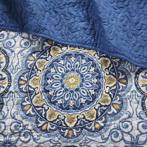 English Elm 6 Tangiers Reversible Quilt Set Full/Queen - Bold Blue & Yellow Floral Medallion Design, 6-Piece Soft Microfiber B03597623