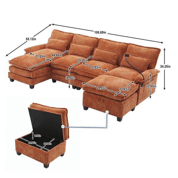 English Elm United We Win 106" U-Shaped Sectional Sofa - Comfy Chenille Couch With Usb Ports, Storage Ottoman & Pillows W1568S00234-GIGA