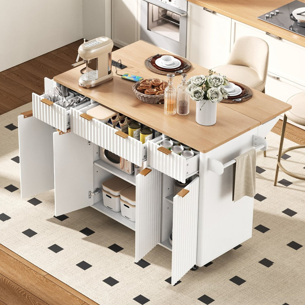English Elm K&k Fluted Rolling Kitchen Island Faux Marble Top Power Outlet Storage Drawers White N707P353945W
