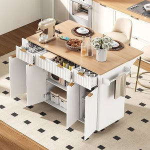 English Elm K&k Fluted Rolling Kitchen Island Faux Marble Top Power Outlet Storage Drawers White N707P353945W