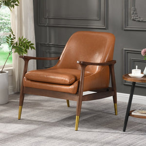 English Elm 29.2'' Mid-century Faux Leather Chair Solid Wood Frame Brass Tipped Legs Lounge Seating N767P371243B