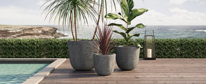 English Elm U_style Mgo Round Planters Set of Three Crackle Stone Texture Patio Garden Pots Gray N711P406660E
