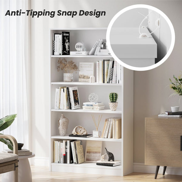 English Elm 5 Shelf Tall White Wood Bookcase with Adjustable Shelves for Bedroom or Office T3623P437039