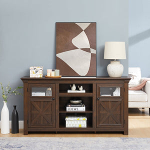 English Elm 2 Door Farmhouse Media Console with Glass Cabinet Panels and Open Shelving for Living Rooms W2275P389693