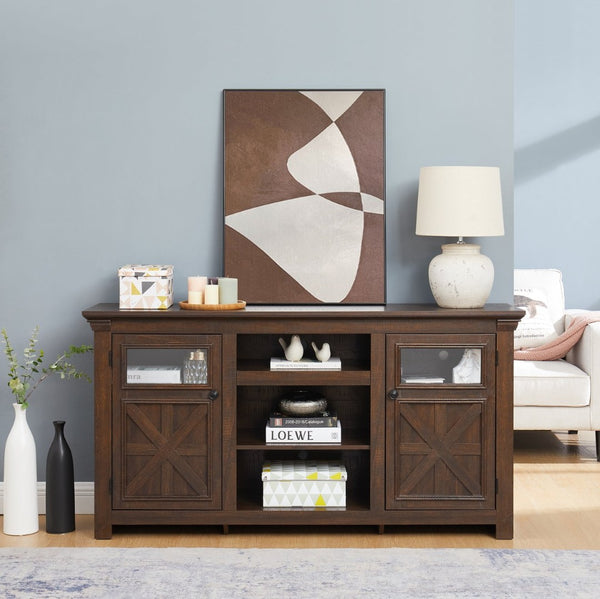 English Elm 2 Door Farmhouse Media Console with Glass Cabinet Panels and Open Shelving for Living Rooms W2275P389693