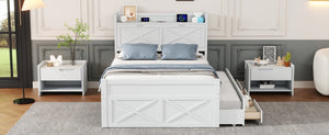 English Elm Full Full Size Wooden Bed with Storage Headboard, Built-In Outlets, Trundle & 3 Drawers for Space-Saving Bedrooms White 80.51 L x 17.12 W x 4.57 H N733S172712K
