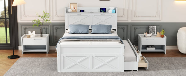 English Elm Full Full Size Wooden Bed with Storage Headboard, Built-In Outlets, Trundle & 3 Drawers for Space-Saving Bedrooms White 80.51 L x 17.12 W x 4.57 H N733S172712K