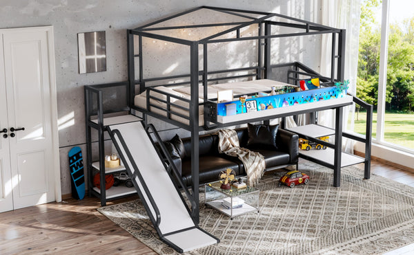 English Elm Twin Metal Loft Bed with Built-in Wardrobe Storage Stairs Led Lights and Usb Ports W5316S00047