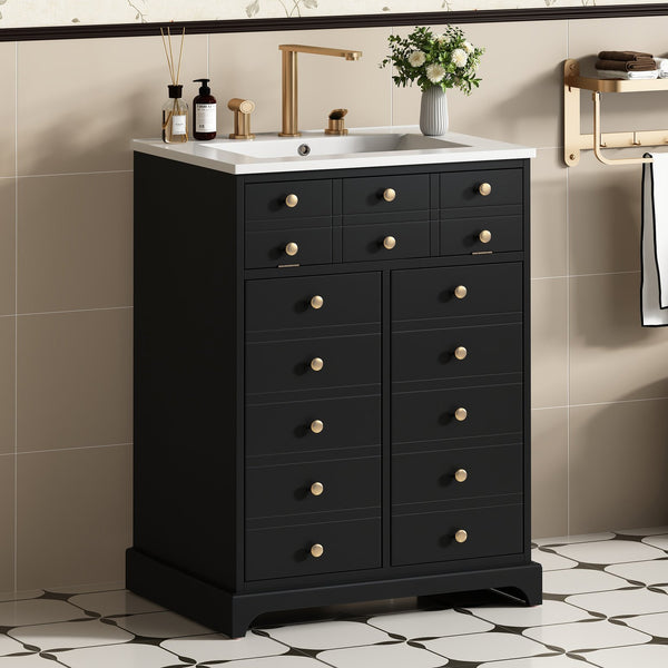 English Elm 24" Modern Bathroom Vanity with Ceramic Sink, Gold Handles, Tip-Out Drawer & Dual Soft-Close Doors N710P276692B