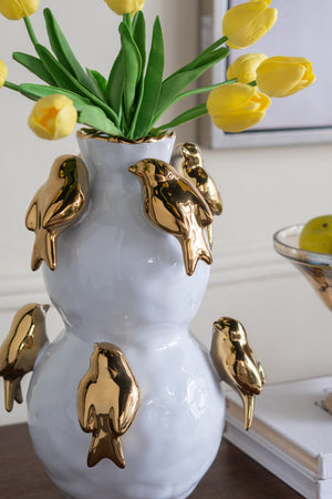 English Elm 8.5x8.5x14" Two-Tiered White Ceramic Vase with Gold Bird Accents — Elegant Sculptural Home Decor Statement W2078P390442