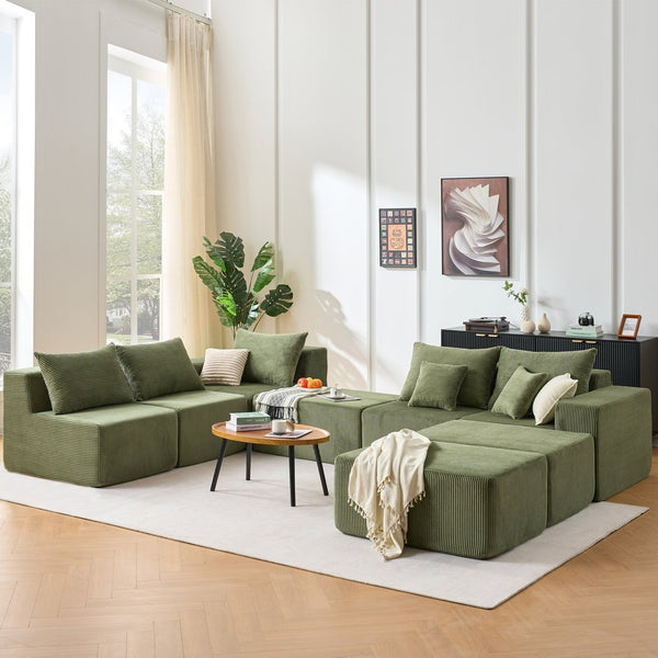English Elm 8-Piece Modular U-Shaped Sectional Sofa in Green Corduroy — Oversized Chaise, Convert to Bed, No Assembly W3163S00050