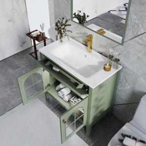 English Elm 35.6" Freestanding Bathroom Vanity with Roman Column Base and Ceramic Integrated Sink Green W1801S00014