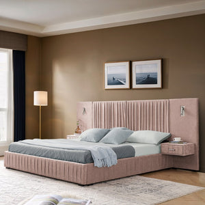 English Elm Queen Upholstered Bed Frame With Chenille Fabric, Pleated Headboard & Built-In Nightstand - Pink W487S00399-GIGA