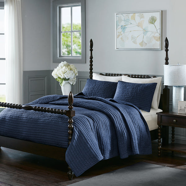 JLA Home Madison Park Signature - 3 Hand-Quilted Cotton Quilt Set with Oversized Plush Drape, Breathable Voile, Year-Round Comfort Blue MPS13-275