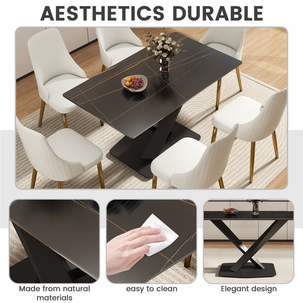 English Elm 55.12" Modern Artificial Stone Dining Table With Black Metal X-Leg Base - Seats 6, Easy Maintenance W1535S00538