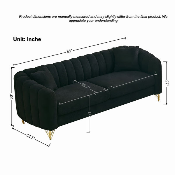 English Elm 85" Oversized Chenille Sofa Luxury 3-Seater Deep Tufted Couch with Gold Metal Legs and Pillows Black W3373S00035