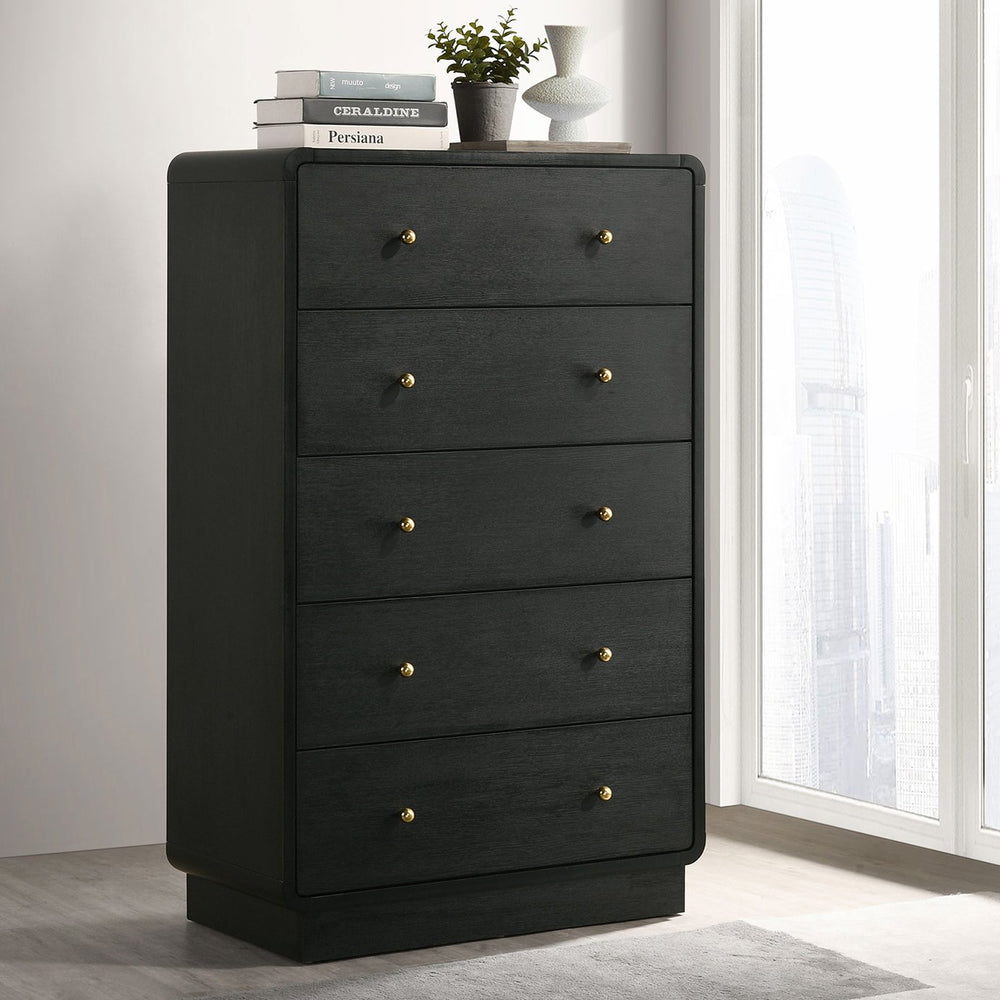 English Elm Burton Black 5-Drawer Chest of Drawers with Rounded Corners, Brass Knobs & Deep Storage Appeal B062P375417