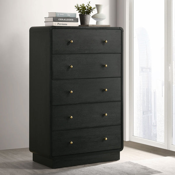 English Elm Burton Black 5-Drawer Chest of Drawers with Rounded Corners, Brass Knobs & Deep Storage Appeal B062P375417
