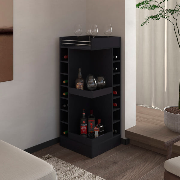 English Elm FM Corner Bar Cabinet with 8-Bottle Rack, Open Display Shelves and Hidden Storage for Home Entertaining Black 51.2 L x 23.2 W x 4.7 H B128P269884