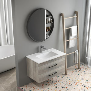 English Elm 32-Inch Grey Wood Grain Wall-Mounted Bathroom Vanity With Soft-Close Drawers & White Sink W3151S00015