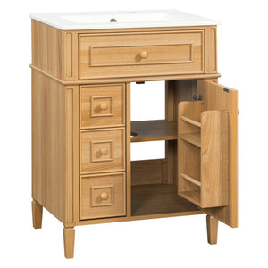 English Elm 24" Solid Pine Bathroom Vanity Cabinet with Ceramic Sink Soft Close Drawers N725P375500N