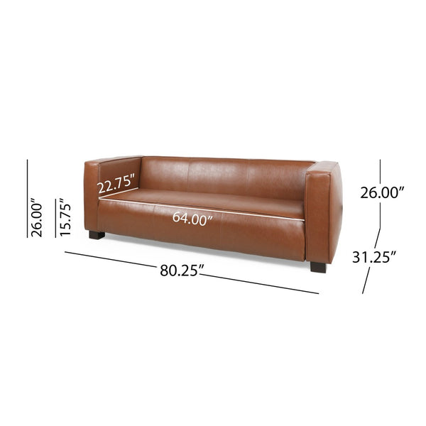 English Elm Light Brown Leather Three Seat Sofa with Dark Wood Legs for Modern Living Rooms N770P387768E