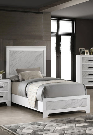 English Elm Contemporary White Twin Bed With Faux Marble Headboard - Stylish Rubberwood Frame Furniture Set B2741S00713