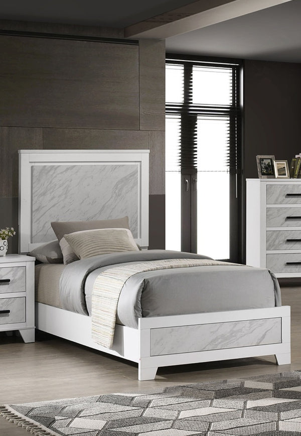 English Elm Contemporary White Twin Bed With Faux Marble Headboard - Stylish Rubberwood Frame Furniture Set B2741S00713