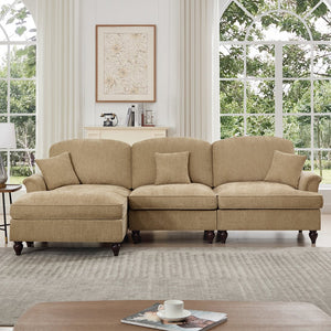 English Elm Mid Century three-seater modular L-shaped sectional sofa with removable ruffle skirts, chenille comfort and spindle legs — versatile, elegant seating solution Light Coffee W3041S00245