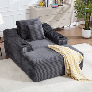 English Elm 67" Corduroy Oversized Chaise Sleeper Sofa Deep Seat Boneless Lounge with Cup Holder Pillows Dark Grey W1803P409258