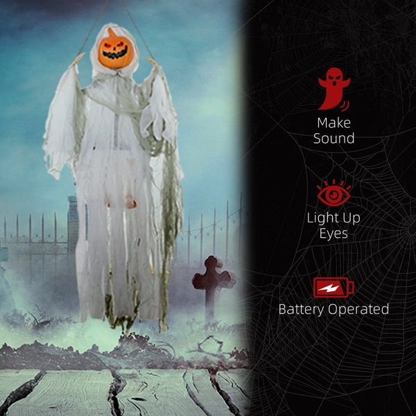 English Elm Homcom Hanging Pumpkin Ghost Halloween Prop with Glowing Eyes and Howling Sound Sensor W2225P229717