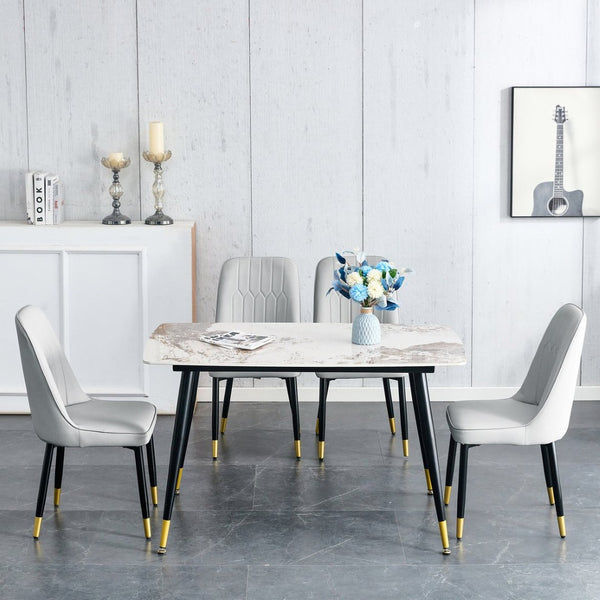 English Elm Table 5-Piece Set: Elegant White Sintered Stone Dining Table With 4 Gray Pu Chairs & Metal Legs W1151S04207-GIGA