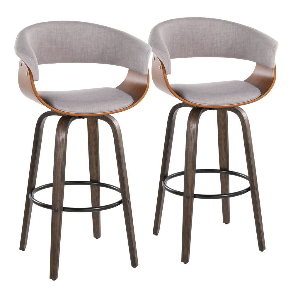 English Elm Vintage 30" Mid-Century Barstool Set of 2 in Walnut & Stone Fabric, Swivel Seat, Bentwood Legs, 250lb B202S00719
