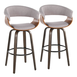 English Elm Vintage 30" Mid-Century Barstool Set of 2 in Walnut & Stone Fabric, Swivel Seat, Bentwood Legs, 250lb B202S00719