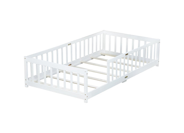 English Elm Twin Size Floor Bed With Safety Guardrails - Durable Rubberwood, Minimalist White Design For Kids W504P286396-GIGA